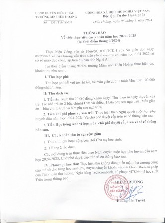 Thông báo về việc thực hiện các khoản năm học 2024-2025