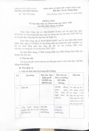 Thông báo về việc thực hiện các khoản năm học 2024-2025