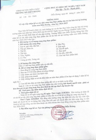 Công khai cung ứng thực phẩm - Năm học 2024-2025