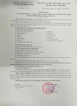 THÔNG BÁO VỀ VIỆC TIẾP NHẬN HỒ SƠ CUNG ỨNG THỰC PHẨM  NĂM HỌC 2025-2026