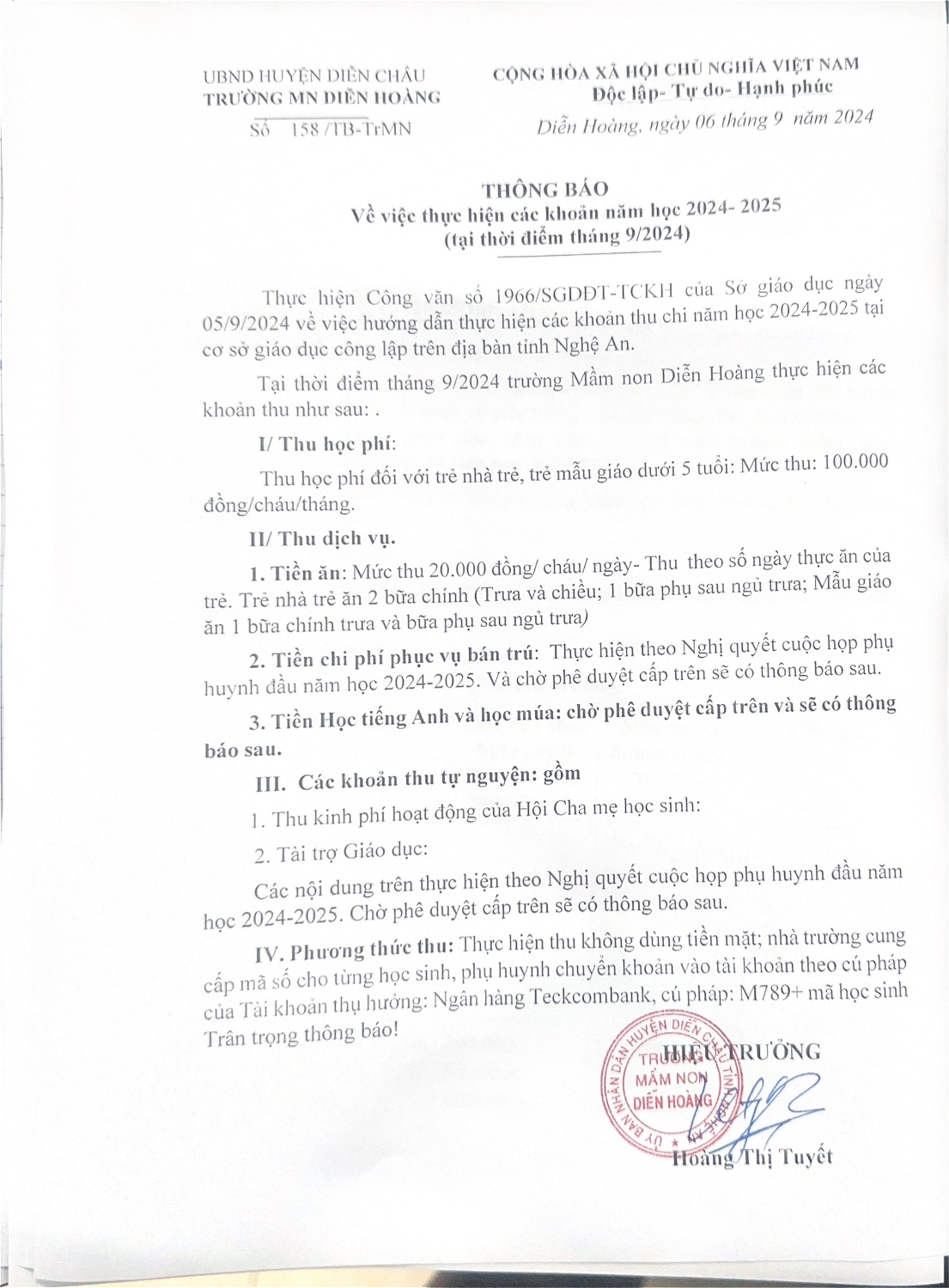 Thông báo về việc thực hiện các khoản năm học 2024-2025
