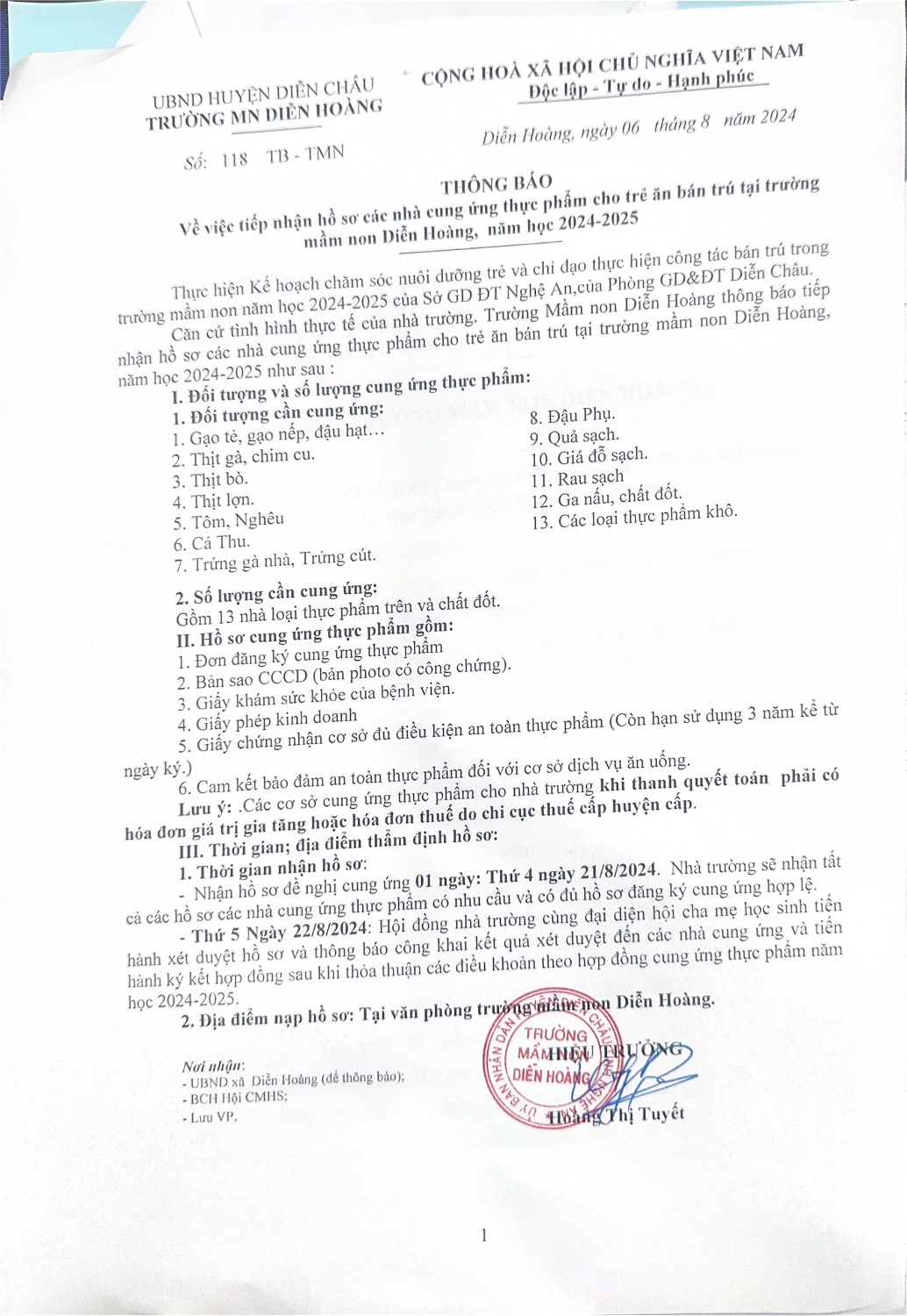 Công khai cung ứng thực phẩm - Năm học 2024-2025