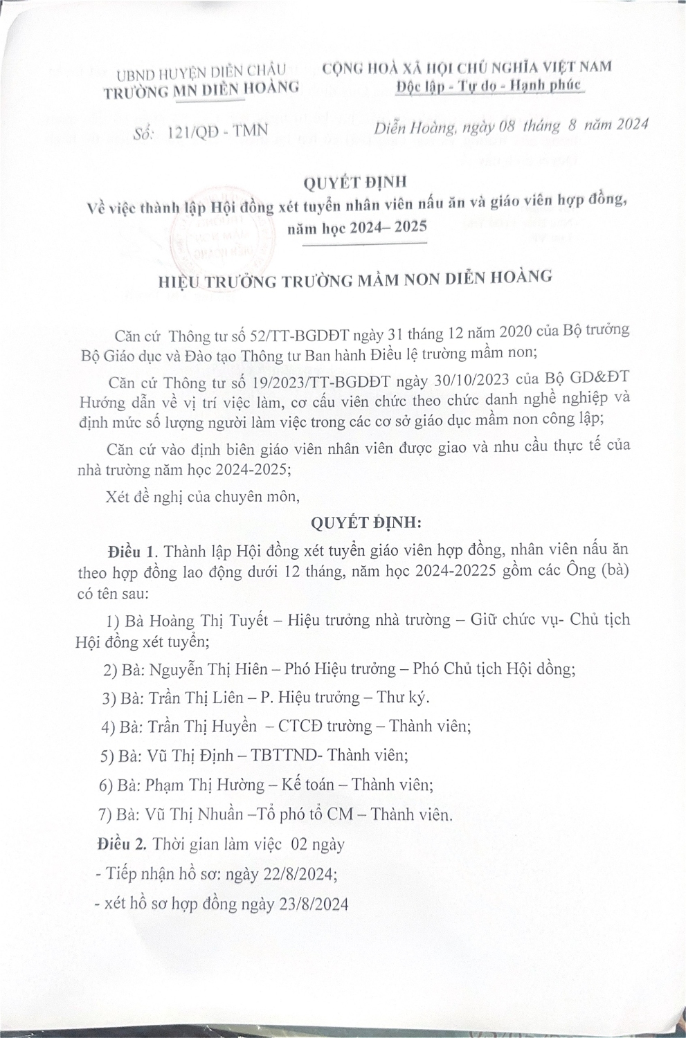 Công khai tuyển dụng GV và nhân viên hợp đồng - Năm 2024. 